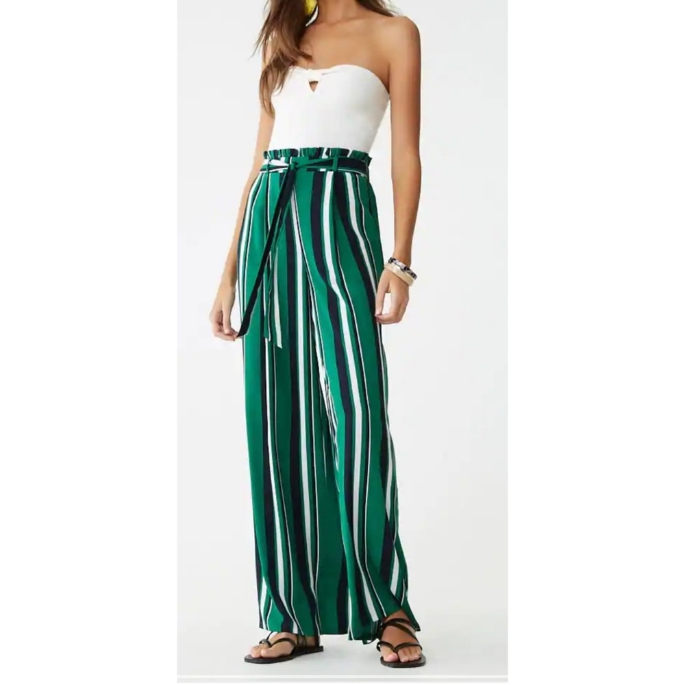 Green Striped Belted Wide Leg Pants